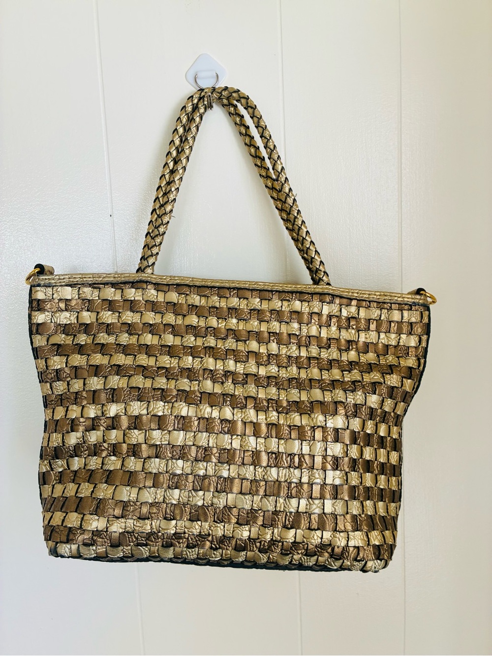 Woven Metallic Gold Tote Bag with Braided Handles